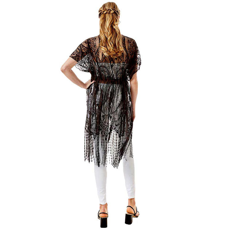 Black Paisley Crochet Lace Fringe Cover Up Poncho, The lightweight Kimono top is made of soft and breathable Polyester material. The fashionista Poncho Cover up with open front design, simple basic style, easy to put on and down. Perfect Gift for Wife, Birthday, Holiday, Anniversary, Just Because Gift, Fun Night Out.