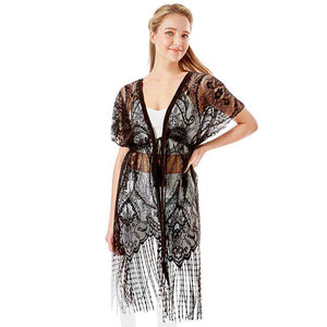 Black Paisley Crochet Lace Fringe Cover Up Poncho, The lightweight Kimono top is made of soft and breathable Polyester material. The fashionista Poncho Cover up with open front design, simple basic style, easy to put on and down. Perfect Gift for Wife, Birthday, Holiday, Anniversary, Just Because Gift, Fun Night Out.