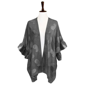 Black Paisley Patterned Sheer Ruffle Sleeves Cover Up Kimono Poncho, The lightweight Kimono poncho top is made of soft and breathable Polyester material. short sleeve swimsuit cover up with open front design, simple basic style, easy to put on and down. Perfect Gift for Wife, Mom, Birthday, Holiday, Anniversary, Fun Night O