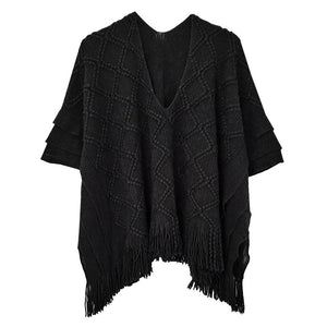 Black Pattern Detailed Crochet Poncho, a beautifully made crochet poncho with pattern detailed that is on-trend & fabulous & will surely amp up your beauty in perfect style. A luxe addition to any cold-weather ensemble. The perfect accessory, luxurious, trendy, super soft chic capelet. It keeps you warm and toasty in winter & cold weather. You can throw it on over so many pieces elevating any casual outfit!