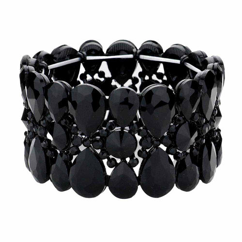 Pulsera elástica de noche con cristales de pera y flores de estrás - Negro azabache
