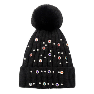 Black Pearl Stone Embellished Detail Pom Pom Beanie Hat. Before running out the door into the cool air, you’ll want to reach for these toasty beanie hats to keep your hands incredibly warm. Accessorize the fun way with these beanie hats, it's the autumnal touch you need to finish your outfit in style. Awesome winter gift accessory!