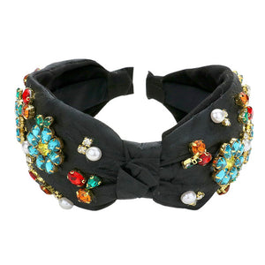 Black Pearl Stone Embellished Flower Burnout Knot Headband, the combination of stone sewn on an oversized headband will make you feel glamorous. Be ready to receive compliments. Be the ultimate trendsetter wearing this chic headband with all your stylish outfits! Exquisite enough to use on the wedding day.
