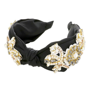 Black Pearl Stone Embellished Flower Burnout Knot Headband, the combination of stone sewn on an oversized headband will make you feel glamorous. Be ready to receive compliments. Be the ultimate trendsetter wearing this chic headband with all your stylish outfits! Exquisite enough to use on the wedding day.