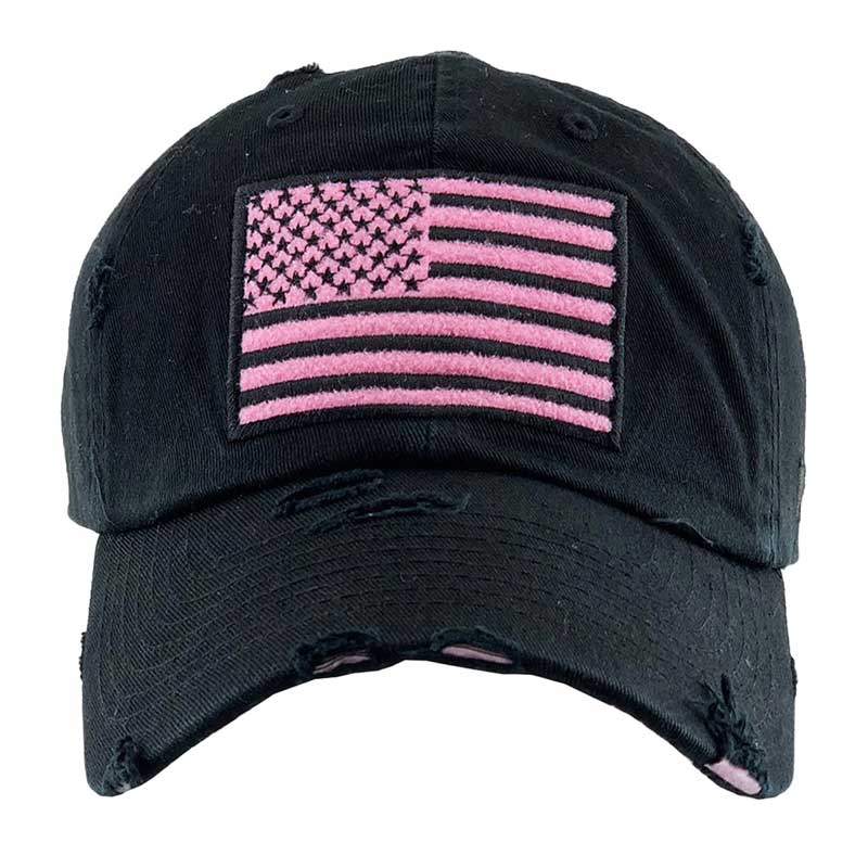 Black Pink American USA Flag Vintage Baseball Cap, Show your patriotic side with this cute patriotic  USA flag style American Flag baseball cap. Perfect to keep the sun out of your eyes, and to pull your hair back during exercises such as walking, running, biking, hiking, and more! Adjustable Velcro strap gives you the perfect fit. its awesome vintage look, Soft textured, embroidered with fun statement will become your favorite cap.