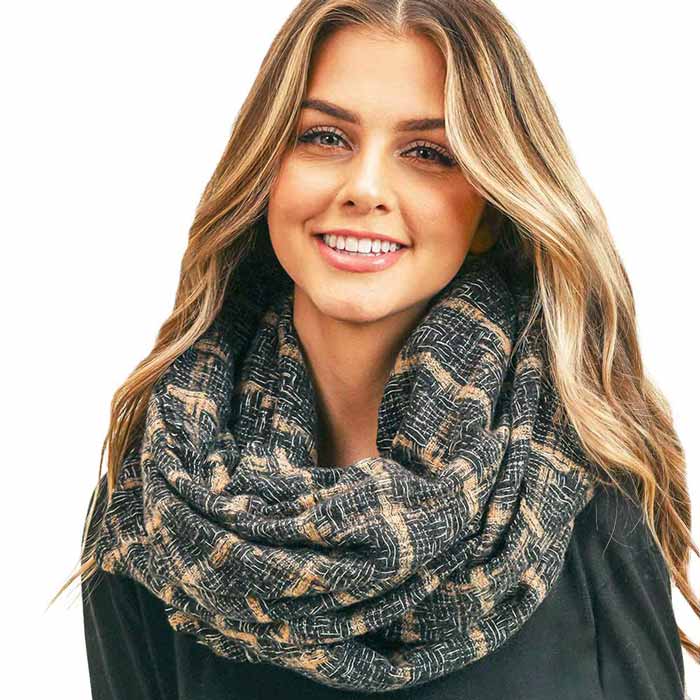 Black Plaid Check Infinity Scarf, Fashionable and stylish, Accent your look with this soft, highly versatile scarf. Great for daily wear in the cold winter to protect you against chill, classic infinity-style scarf & amps up the glamour with plush material that feels amazing snuggled up against your cheeks. This elegant premium quality scarf is a great addition to your collection of fashion accessories. Awesome winter gift accessory!