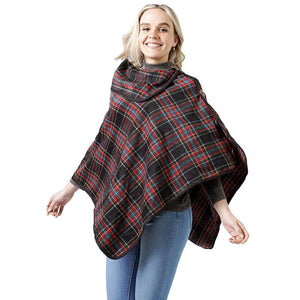 Black Plaid Check Pattern Poncho With Button, is a beautifully designed and gorgeous looking one size poncho. The buttons and color variation make it more unique in style and give you better comfort than the regular one. You can throw it on over so many pieces elevating any casual outfit! Fashionable and eye-catcher wear that will quickly become one of your favorite accessories. A beautiful gift idea!