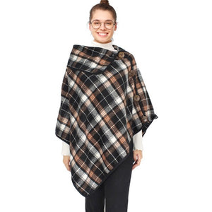 Black Plaid Check Patterned Stylish Coconut Button Poncho Outwear Cover Up, the perfect accessory, luxurious, trendy, super soft chic capelet, keeps you warm & toasty. You can throw it on over so many pieces elevating any casual outfit! Perfect Gift Birthday, Holiday, Christmas, Anniversary, Wife, Mom, Special Occasion