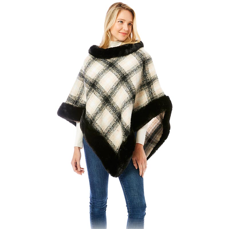 Black Plaid Check Patterned Faux Fur Trimmed Poncho, ensure your upper body stays perfectly toasty when the temperatures drop, the perfect accessory, luxurious, trendy, super soft chic capelet, keeps you warm and toasty. You can throw it on over so many pieces elevating any casual outfit! Perfect Gift Birthday, Anniversary, Christmas, Holiday, Valentine's Day or any Special Occasion.
