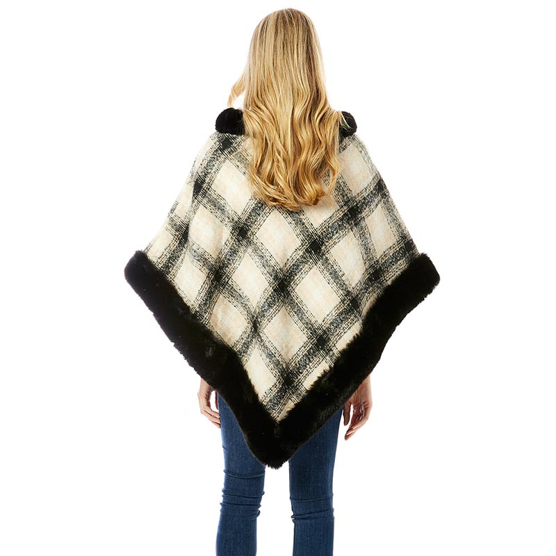 Black Plaid Check Patterned Faux Fur Trimmed Poncho, ensure your upper body stays perfectly toasty when the temperatures drop, the perfect accessory, luxurious, trendy, super soft chic capelet, keeps you warm and toasty. You can throw it on over so many pieces elevating any casual outfit! Perfect Gift Birthday, Anniversary, Christmas, Holiday, Valentine's Day or any Special Occasion.