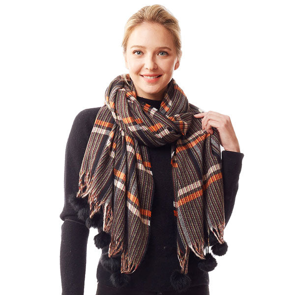 Black Plaid Check Patterned Pom Pom Oblong Scarf, accent your look with this soft, highly versatile plaid scarf. A rugged staple brings a classic look, adds a pop of color & completes your outfit, keeping you cozy & toasty. Perfect Gift Birthday, Holiday, Christmas, Anniversary, Valentine's Day