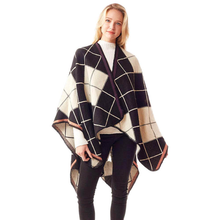 Plaid Check Patterned Stitch Ruana Shawl Vest Poncho, the perfect accessory, luxurious, trendy, super soft chic capelet, keeps you warm & toasty. You can throw it on over so many pieces elevating any casual outfit! Perfect Gift Birthday, Holiday, Christmas, Anniversary, Wife, Mom, Special Occasion