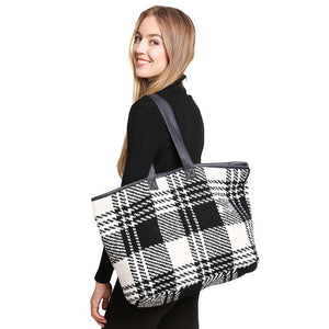 Black Plaid Tote Bag, the classic and timeless plaid Check print tote let you stand out, be unconventional and make an individual statement of fashion. It will be your new favorite accessory to hold onto all your items. The top Magnetic Closure keeps everything secure. With this awesome tote bag, Have fun and look stylish anywhere and anytime. It goes well with heels and skinny jeans, tops, dress, sweaters in spring, fall and winter.