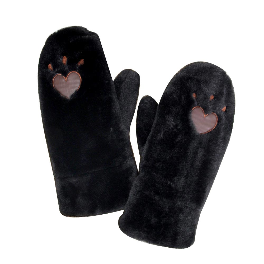 Black Plush Faux Fur Heart Paw Mittens, warm and cozy convertible mittens that will protect you from wintry weather. comfortable, soft brushed poly stretch knit. It's finished with a hint of stretch for comfort and flexibility. Wear gloves or cover up as a mitten to make your outfit gorgeous with luxe. Either way, you will love these soft neutral colors. Excellent gift for the persons you care about the most.