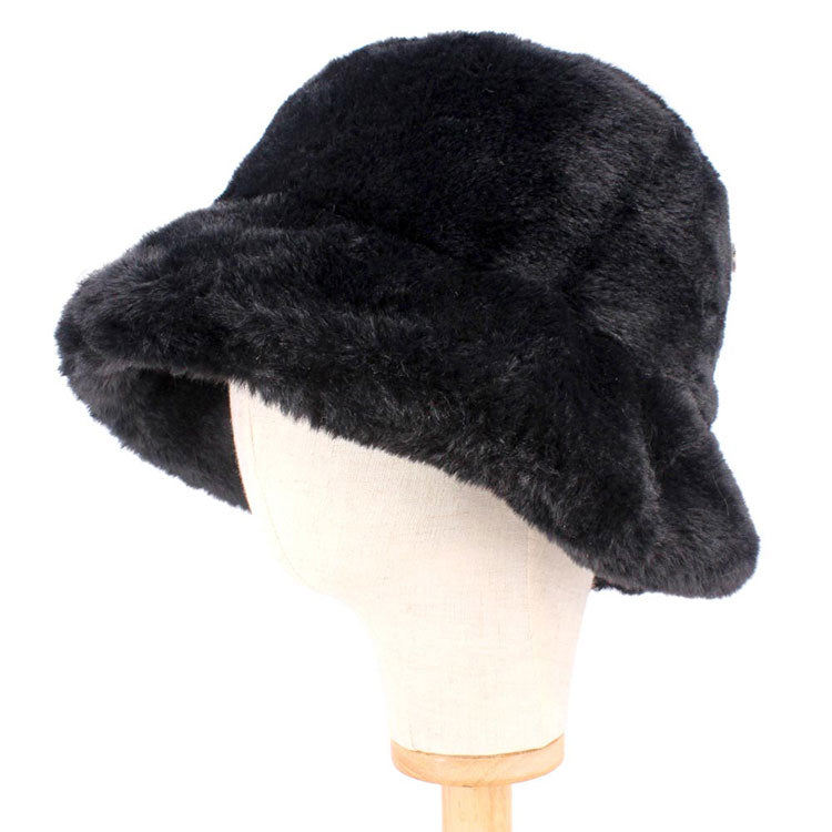 Black Polyester Faux Fur Bucket Hat, stay warm and cozy, protect yourself from the cold, this most recongizable look with remarkable bold, soft & chic bucket hat, features a rounded design with a short brim. The hat is foldable, great for daytime. Perfect Gift for cold weather!