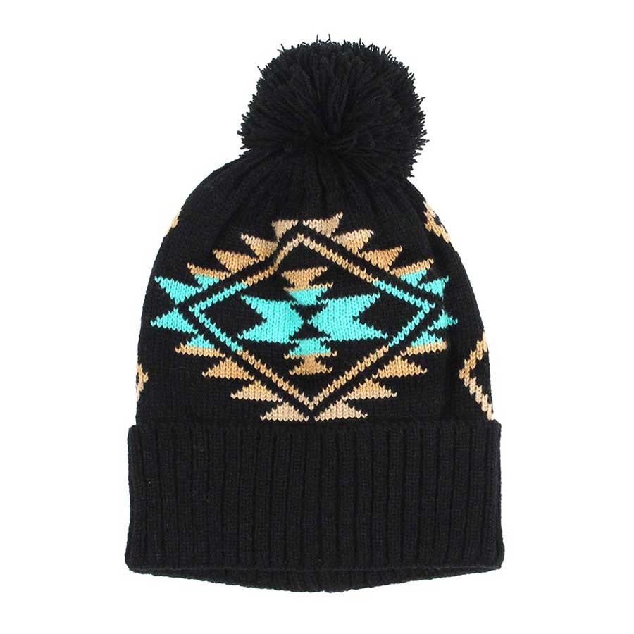 Black Pom Pom Western Pattern Beanie Hat, Take your winter outfit to the next level and have wonderful western pattern beanie with pom poms, Comfortable beanie keep your head and ear warm during the winter. These are perfect to go skiing, snowboarding, sledding, running, camping, traveling, ice skating and more. Awesome winter gift accessory!  