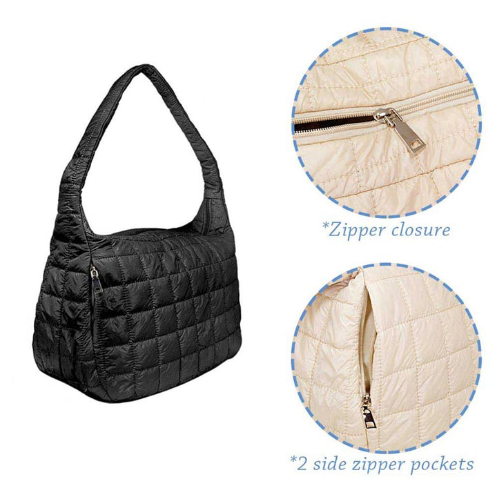 Black Quilted Puffer Hobo Bag, The quilted puffer hobo bag has a stylish, elegant, classic fashionable design! Has plenty of room to carry all your handy items with ease. Trendy and beautiful bag amps up your outlook while carrying. Great for different activities including quick getaways, holidays, Shopping, beach, or even going outdoors! This Hobo bag features a top zipper closure for security that makes your life easier and trendier. Its catchy and awesome appurtenance drags everyone's attraction to you. 