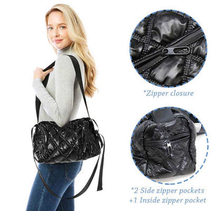 Black Quilted Shiny Puffer Shoulder Crossbody Bag. Convertible bags are great for different activities including quick getaways, long weekends, picnics, beach, or even going to the gym! Works with any outfit and will always get compliments from others. Roomy enough to carry all of your essentials, etc.