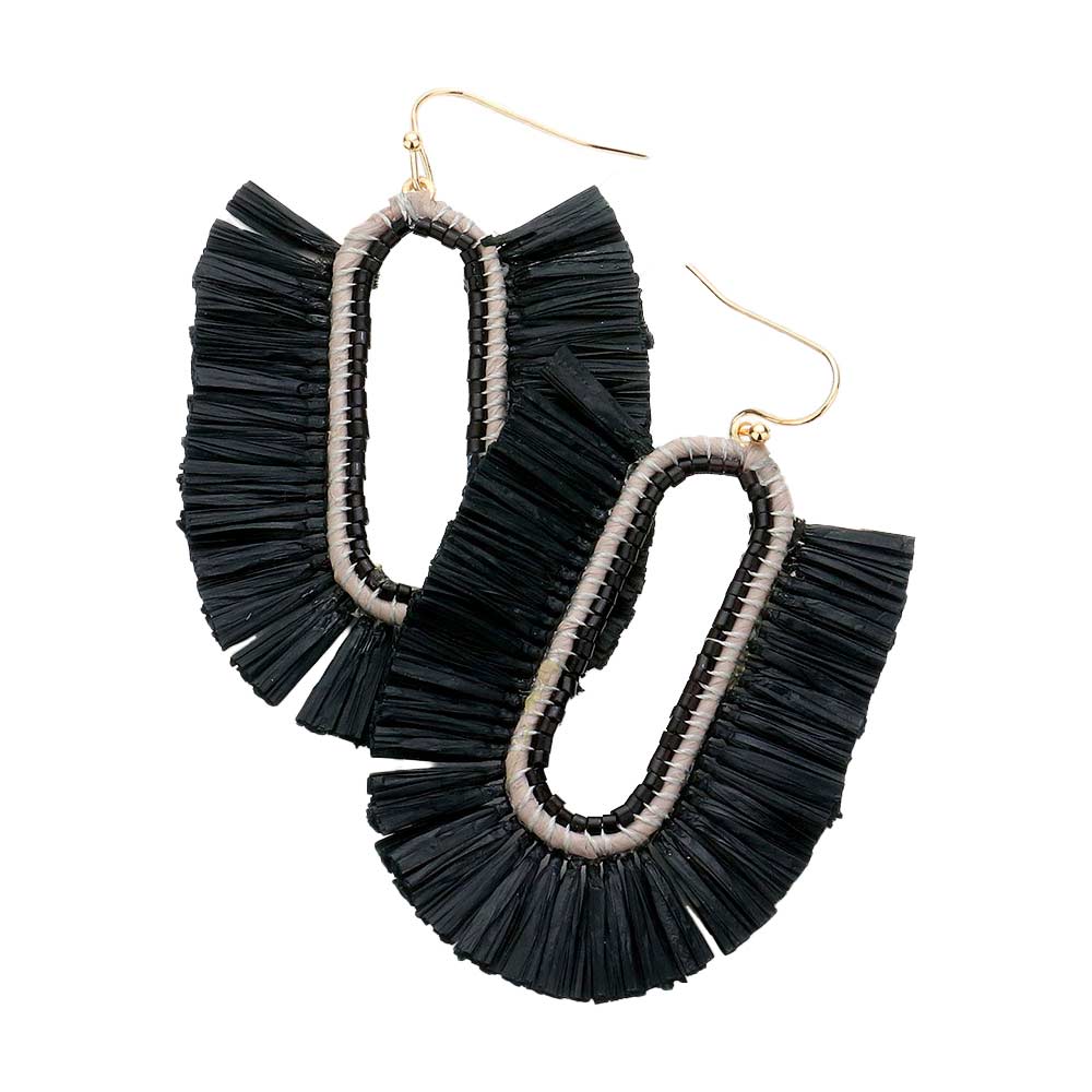 Black Raffia Trimmed Dangle Earrings, enhance your attire with these beautiful dangle earrings to show off your fun trendsetting style. Can be worn with any daily wear such as shirts, dresses, T-shirts, etc. These raffia earrings will garner compliments all day long. Whether day or night, on vacation, or on a date, whether you're wearing a dress or a coat, these earrings will make you look more glamorous and beautiful.