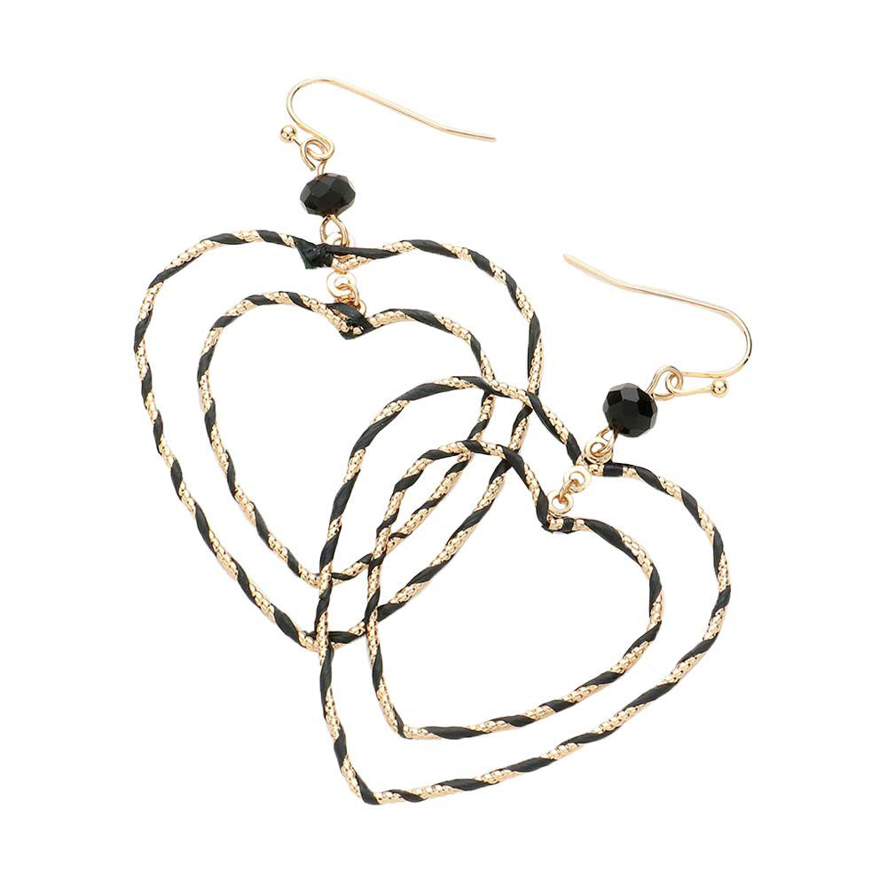 Black Raffia Wrapped Double Open Heart Link Dangle Earrings, enhance your attire with these beautiful raffia-wrapped dangle earrings to show off your fun trendsetting style. It can be worn with any daily wear such as shirts, dresses, T-shirts, etc. These heart-link dangle earrings will garner compliments all day long. 