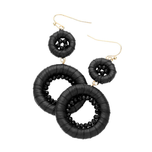 Raffia Wrapped Faceted Bead Embellished Dangle Earrings - Black