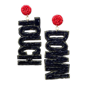 Black Red Felt Back Touch Down Message Beaded Dangle Earrings. Gift someone or yourself these ultra-chic earrings, they will take your look up a notch, these sports themed earrings versatile enough for wearing straight through the week, coordinate with any ensemble from business casual to wear, the perfect addition to every outfit. Perfect jewelry gift to expand a woman's fashion wardrobe with a modern, on trend style.