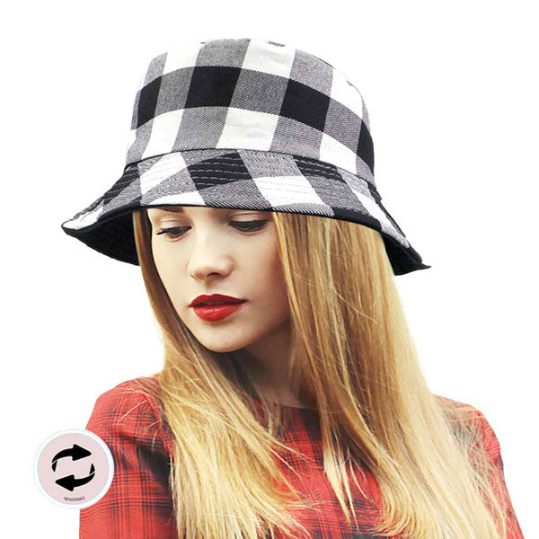 Black Reversible Buffalo Check Patterned Bucket Hat. These beach hat design is more fashionable and individual than other bucket hats, Wide brim helps to cover your face, neck and your ears and is great for protecting you from the scorching sun. suitable for daily outings, beaches, vacations, travel, going out, hiking, camping, boating and other outdoor activities.