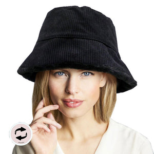 Black Reversible Corduroy Soft Faux Fur Bucket Hat. Show your trendy side with this chic animal print hat. Have fun and look Stylish. Great for covering up when you are having a bad hair day, perfect for protecting you from the sun, rain, wind, snow, beach, pool, camping or any outdoor activities.