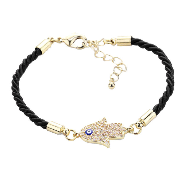 Black Rhinestone Embellished Detailed Hamsa Hand Evil Eye Charm Bracelet; ward off bad energy & bring good luck, good fortune and happiness all while still keeping you chic & fashionable, beautiful bracelet to match your style. Perfect Birthday Gift, Anniversary Gift, Mother's Day Gift, Graduation Gift, Bridesmaid Keepsake