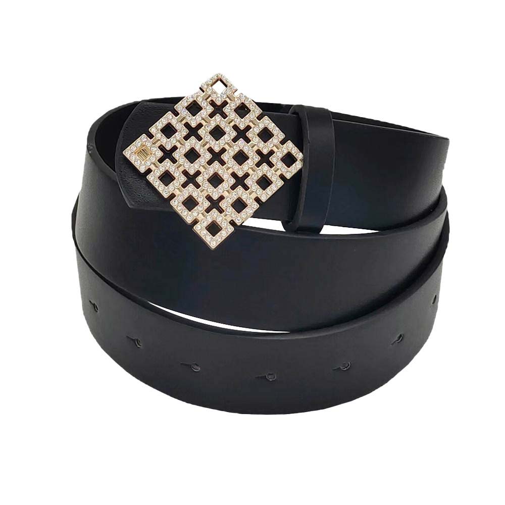 Black Rhinestone Embellished Square Buckle Faux Leather Belt, These square rhinestone belts have the versatility you may need. Western-style engraved rhinestone buckle set; The buckle, keeper, and tip all have sparkling rhinestones. This square rhinestone belt fits in perfectly on many occasions and adds sparkle to any outfit. Faux leather feels soft and comfortable in daily dress or work. A good match for a blouse, dress, skirt, jeans or sweater.