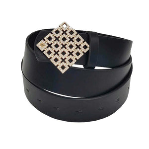 Black Rhinestone Embellished Square Buckle Faux Leather Belt, These square rhinestone belts have the versatility you may need. Western-style engraved rhinestone buckle set; The buckle, keeper, and tip all have sparkling rhinestones. This square rhinestone belt fits in perfectly on many occasions and adds sparkle to any outfit. Faux leather feels soft and comfortable in daily dress or work. A good match for a blouse, dress, skirt, jeans or sweater.