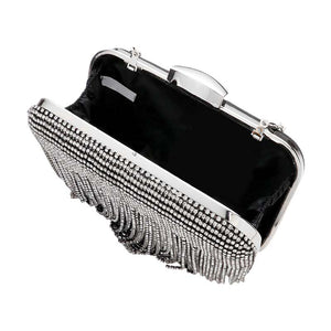 Black Rhinestone Fringe Evening Clutch Crossbody Bag, is the perfect choice to carry on the special occasion with your handy stuff. It is lightweight and easy to carry throughout the whole day. You'll look like the ultimate fashionista while carrying this Fringe-themed Rhinestone Crossbody Evening Bag. This stunning Clutch bag is perfect for weddings, parties, evenings, cocktail parties, wedding showers, receptions, proms, etc.