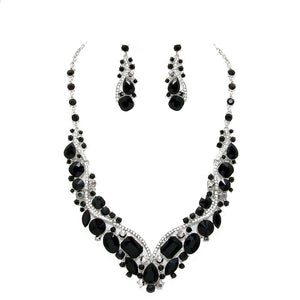 Black Rhodium Crystal Inset Necklace matching Earrings Evening Set, dare to dazzle with this bejeweled set designed to accent the neckline and enhance the eyes. Perfect for that LBD, add some glitz and Glamour. Ideal gift for a loved one or yourself. Perfect for a night out, holiday party, special event, wedding, prom, sweet 16