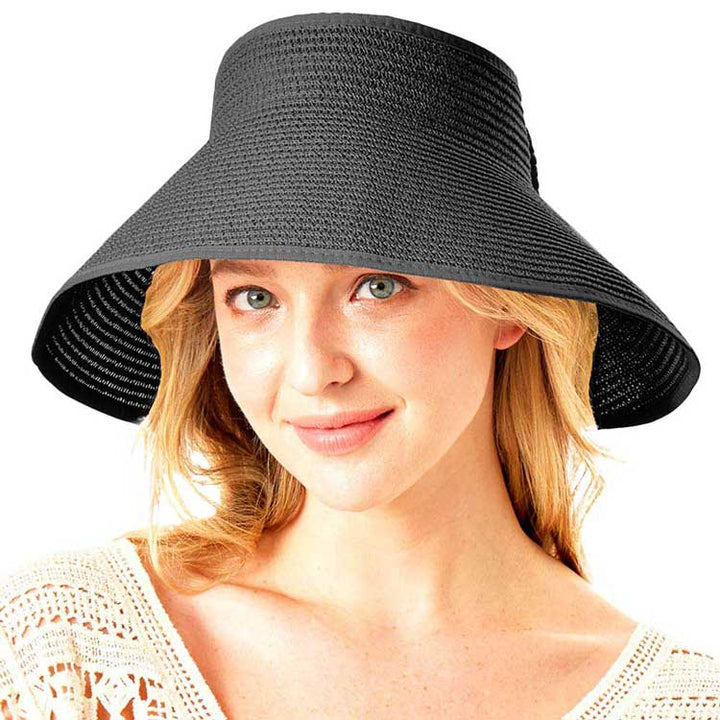 Black Roll Up Foldable Large Brim Sun Visor Hat. Keep your styles on even when you are relaxing at the pool or playing at the beach. Large, comfortable, and perfect for keeping the sun off of your face, neck, and shoulders Perfect summer, beach accessory. Ideal for travelers who are on vacation or just spending some time in the great outdoors.