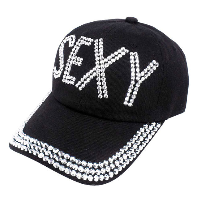Black SEXY Studded Message Black Denim Baseball Cap; fun, cool, vintage cap for men! Perfect for a bad hair day, you can pull your messy bun or high ponytail through, perfect to keep your hair away from you face while exercising, running, playing tennis or just taking a walk outside. Adjustable Velcro strap gives you the perfect fit.
