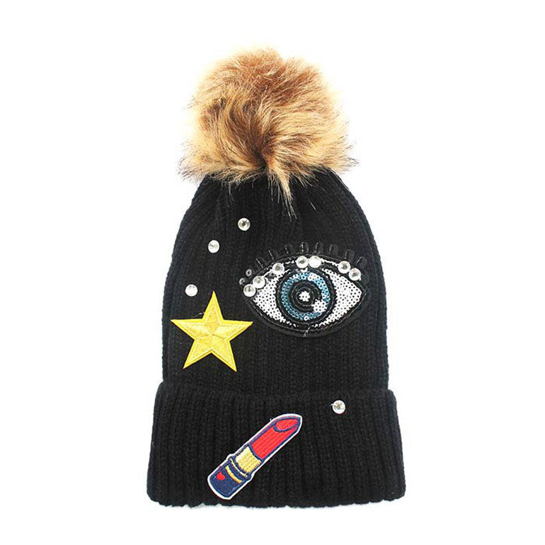 Black Sequin Big Eye Lipstick Patch Beanie Hat With Pom Pom, before running out the door into the cool air, you’ll want to reach for this toasty beanie to keep you incredibly warm. Accessorize the fun way with this faux fur pom pom hat, it's the autumnal touch you need to finish your outfit in style. Awesome winter gift accessory! Perfect Gift Birthday, Christmas, Stocking Stuffer, Secret Santa, Holiday, Anniversary, Valentine's Day, Loved One.