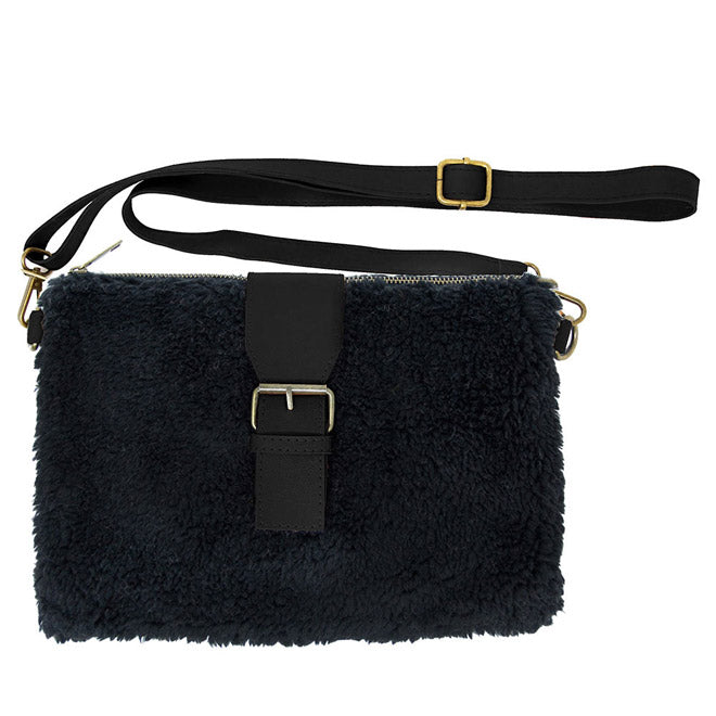 Black and Ivory Sherpa Fleece Crossbody Belt Bag for Women. 