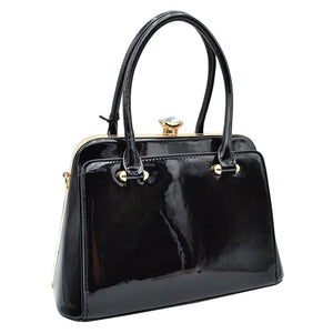 Black Shiny Patent Leather Gold Hardware Shoulder Bags for Women, These trendy Shoulder Bags feature a vegan patent leather material with Gold metal hardware. Its unique shape and stunning jeweled clasp will bring in compliments. It comes with a removable long shoulder strap for casual shoulder or cross-body wear. This fun, yet sophisticated handbag will definitely draw attention.