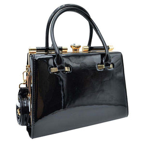 Black Shiny Patent Leather Golden Hardware Shoulder Tote Bag, Design in a stylish silhouette. Crafted from shiny patent leather with golden hardware.Smooth push-lock closure. Flat bottom with protective studs. Wear it to add a chic punctuation to any look.