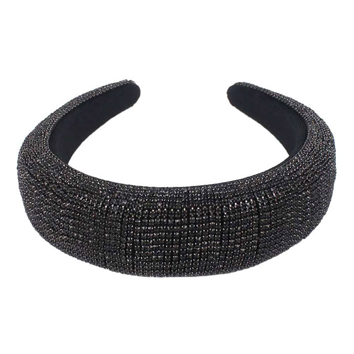 Black Shiny Rhinestone Pave Headband, soft, shiny padded headband making you feel extra glamorous. Push back your hair with this pretty plush Shiny Rhinestone headband, add a pop of color to any plain outfit! Be ready to receive compliments. Be the ultimate trendsetter wearing this chic headband with all your stylish outfits!
