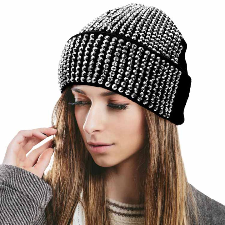 Black Single Sided Studded Knit Beanie Hat, The beanie hat is made of soft, gentle, skin-friendly, and elastic fabric, which is very comfortable to wear. This Single Sided design is embellished with a shimmering Studded for the ultimate glam look! It provides warmth to your head and ears, protects you from the wind, chill & cold weather, and becomes your ideal companion in autumn and winter. Suitable for wearing for a variety of outdoor activities.