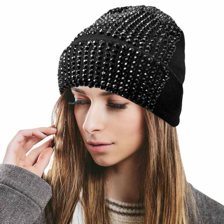 Black Silver  Single Sided Studded Knit Beanie Hat, The beanie hat is made of soft, gentle, skin-friendly, and elastic fabric, which is very comfortable to wear. This Single Sided design is embellished with a shimmering Studded for the ultimate glam look! It provides warmth to your head and ears, protects you from the wind, chill & cold weather, and becomes your ideal companion in autumn and winter. Suitable for wearing for a variety of outdoor activities