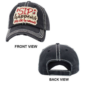 Black Sip Happens Its Ok To Wine Vintage Baseball Cap, it is an adorable baseball cap that has a vintage look, giving it that lovely appearance. This message themed wine Cap is perfect for your beach vacation or drinking by the pool! Fun cool vintage cap perfect for those who love to drink wine. Perfect for walking in the sun or rain. No matter where you go on the beach or summer party it will keep you cool and comfortable.