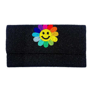 Black Smile Flower Accented Seed Beaded Clutch Crossbody Bag, Look like the ultimate fashionista when carrying this small Clutch bag, great for when you need something small to carry or drop in your bag. Keep your keys handy & ready for opening doors as soon as you arrive. Perfect Birthday Gift, Anniversary Gift, Mother's Day Gift or any other events.