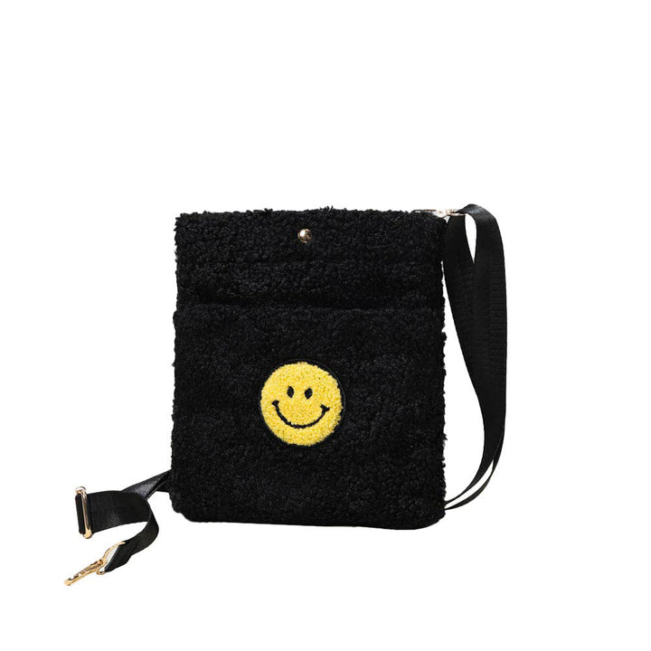 Black Smile Pointed Sherpa Rectangle Crossbody Bag, This high quality smile crossbody bag is both unique and stylish. perfect for money, credit cards, keys or coins, comes with a belt for easy carrying, light and simple. Look like the ultimate fashionista carrying this trendy Smile Pointed Sherpa Rectangle Crossbody Bag!