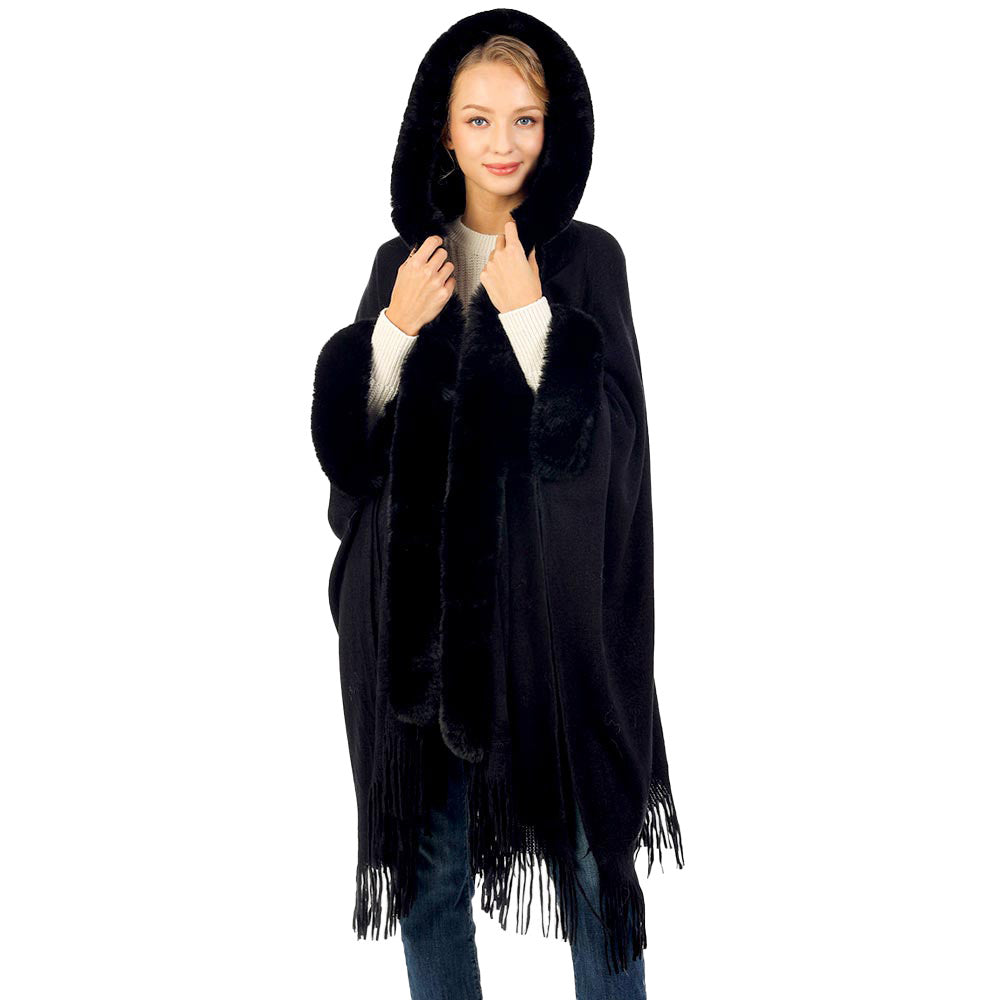 Black Solid Color Hoodie Winter Cape With Faux Fur Edge, is beautifully designed with solid color that amps up your beauty to a greater extent. It enriches your attire with perfect combination. Breathable Fabric, comfortable to wear, and very easy to put on and off. Suitable for Weekend, Work, Holiday, Beach, Party, Club, Night, Evening, Date, Casual and Other Occasions in Spring, Summer and Autumn.