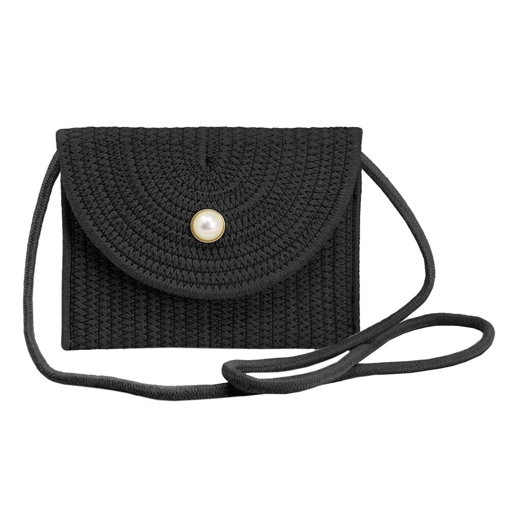 Black Solid Color With Pearl Button Straw Micro Crossbody Bag, perfectly goes with any outfit and shows your trendy choice to make you stand out on your special occasion. Carry out this straw micro crossbody bag while attending a special occasion. Perfect for carrying makeup, money, credit cards, keys or coins, etc. It's lightweight and perfect for easy carrying. Put it in your bag and find it quickly with its eye-catchy colors. 