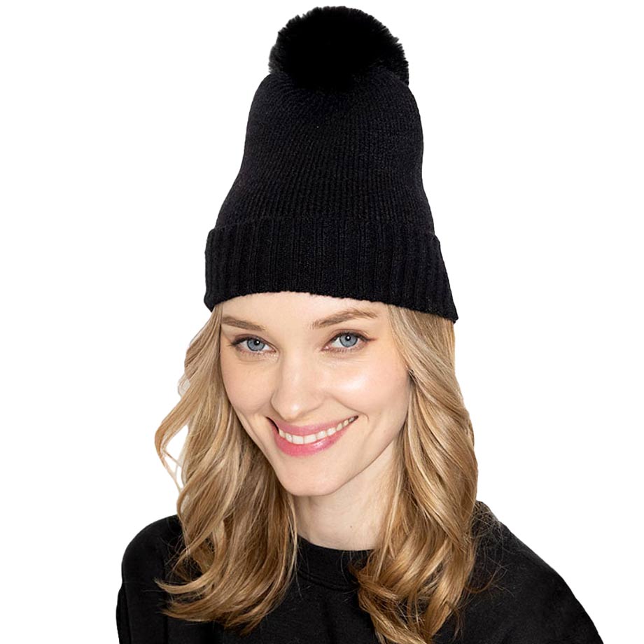 Black Solid Knit Beanie Hat With Faux Fur Pom, accessorize the fun way with this faux fur pom solid knit beanie hat to keep yourself warm and toasty and enrich your beauty with luxe. The autumnal touch you need to finish your outfit in style. Awesome winter gift accessory! Perfect Gift for Birthdays, Christmas, holidays, anniversaries, and Valentine’s Day to your friends, family, and Loved Ones. 