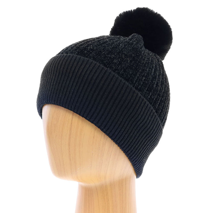 Black Solid Knit Faux Fur Pom Pom Beanie Hat, The autumnal touch you need to finish your outfit in style. Solid knit Beanie made with warm material to ensure maximum comfort and durability. It's comfortable that will keep you perfectly warm and toasty. Ideal winter head cover! Absolutely the perfect gift winter accessory! Winter will be more comfortable with this cozy pom pom hat.