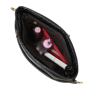 Black Glossy Solid Puffer Crossbody Bag, Complete the look of any outfit on all occasions with this Shiny Puffer Crossbody Bag. This Puffer bag offers enough room for your essentials. With a One Front Zipper Pocket, One Back Zipper Pocket, and a Zipper closure at the top, this bag will be your new go-to! The zipper closure design ensures the safety of your property. The widened shoulder straps increase comfort and reduce the pressure on the shoulder.